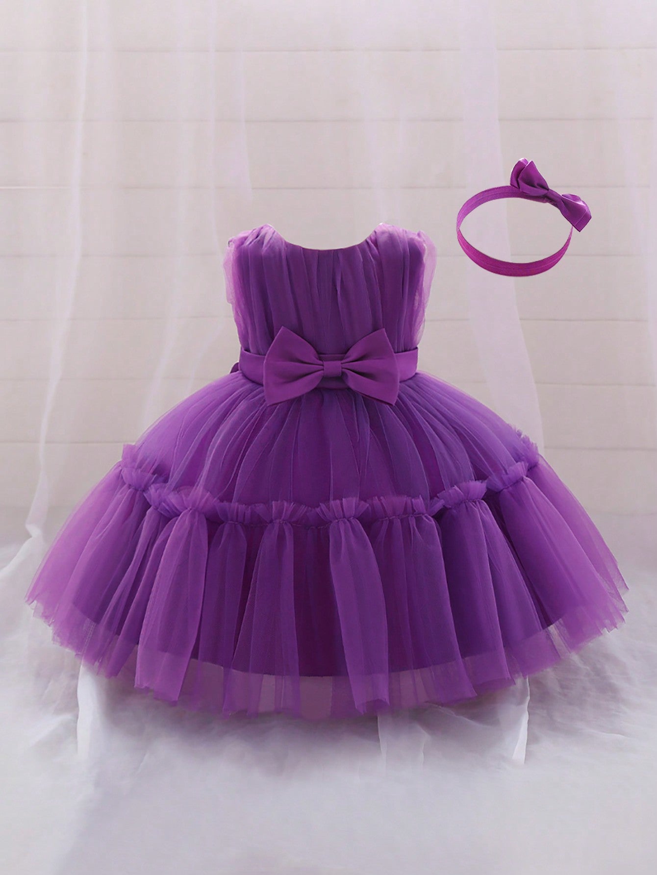Young Girls' Solid Color Tulle Satin Dress With Waist Bowknot Decorations, Cute & Elegant Formal Dress, Comes With Hair Accessory Gift