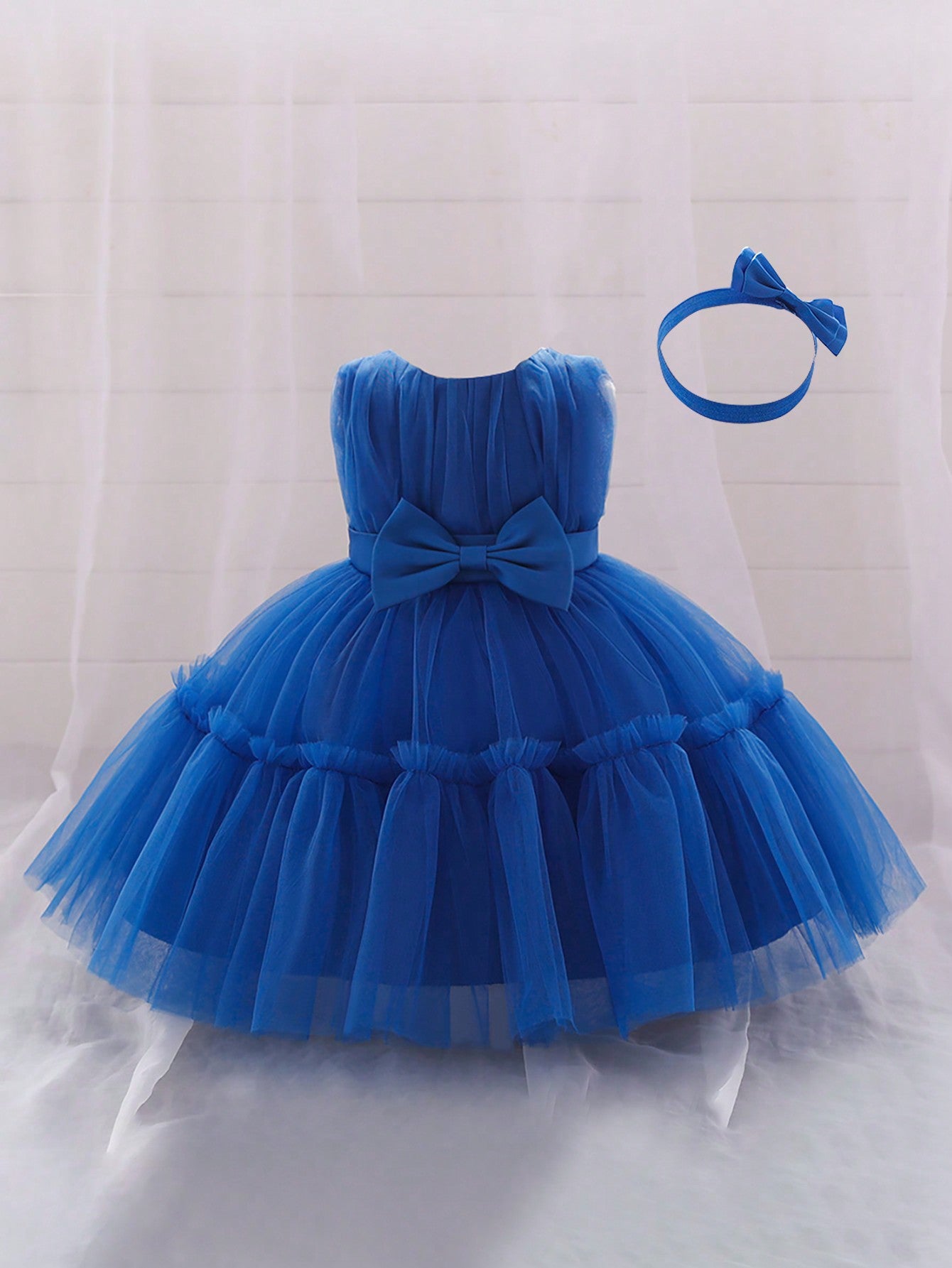 Young Girls' Solid Color Tulle Satin Dress With Waist Bowknot Decorations, Cute & Elegant Formal Dress, Comes With Hair Accessory Gift