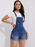 Washed And Distressed Denim Dungarees With Pockets