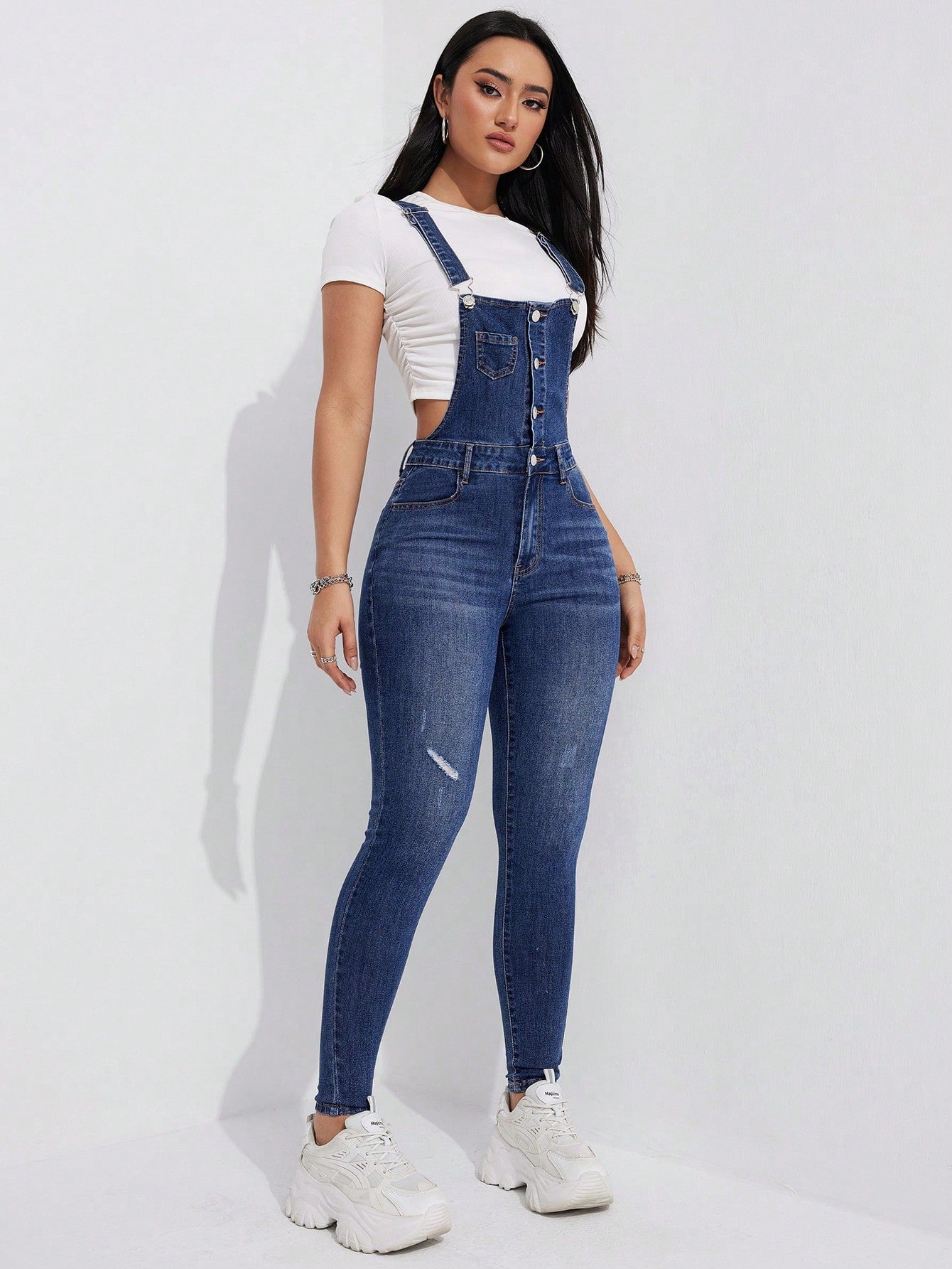 Washed Tight Denim Overalls With Distressed Details