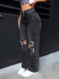 Washed Ripped Straight Leg Jeans
