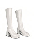 ISNOM Gogo Boots For Women, With Square Toe, Side Zipper And Chunky Heel Design, Sassy And Glaring