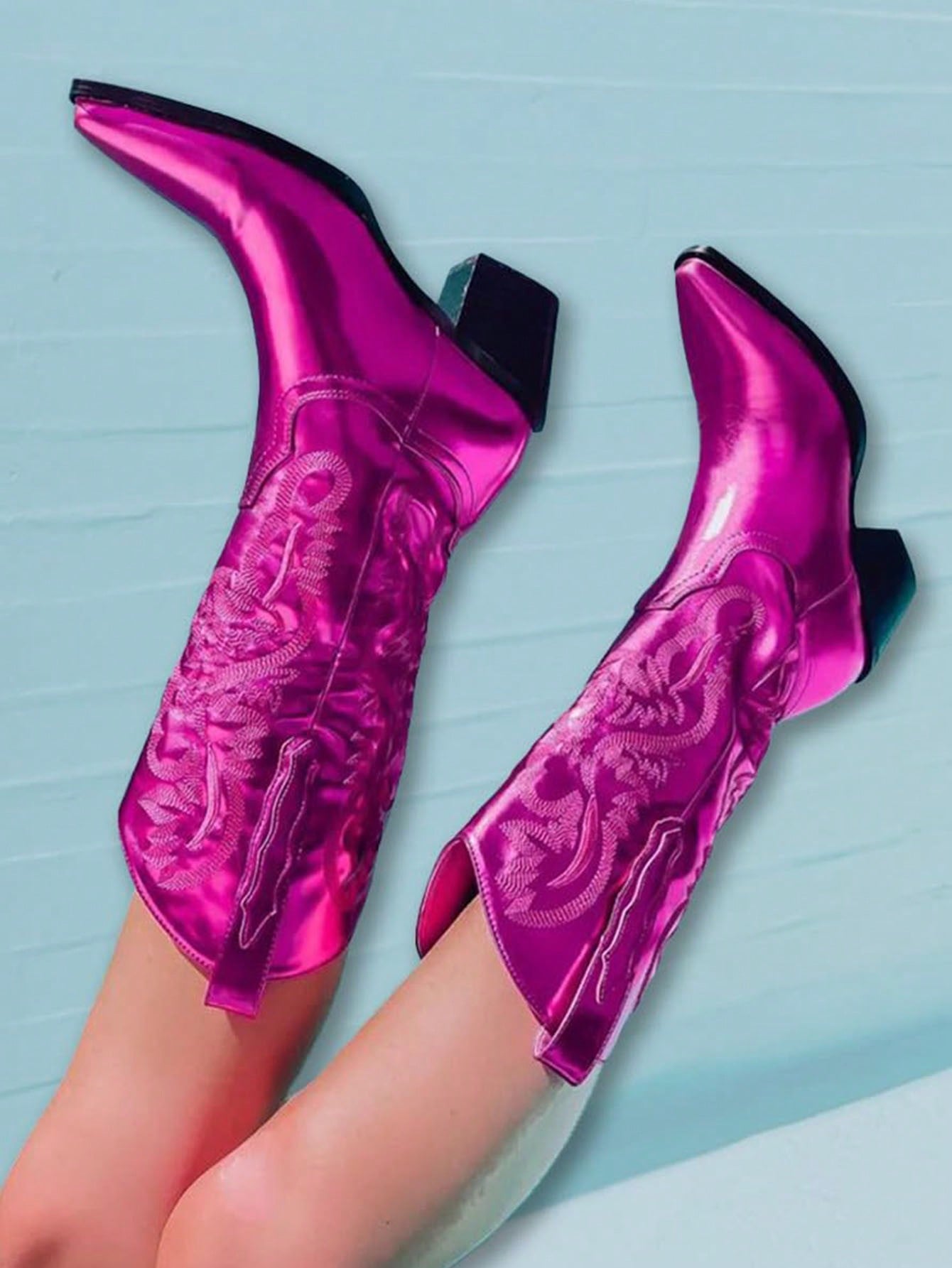 Women's Metallic Mid Calf Cowboy Boots Embroidered Chunky Heel Pull On Vintage Pointed Toe Western Cowgirl Boots