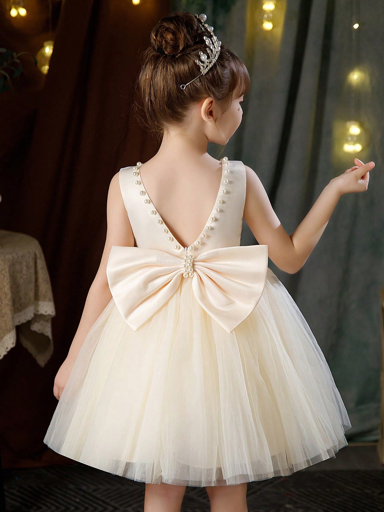 Young Girl Pearl Decor Bowknot Back Mesh Princess Dress, Suitable For Birthday, Party, Dance, Festival, Celebration, Wedding Flower Girl, Stage Show Performance