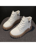 Women's Slope Heel Thick Soled  Boots, Side Zipper, Fashionable Lace Up, White