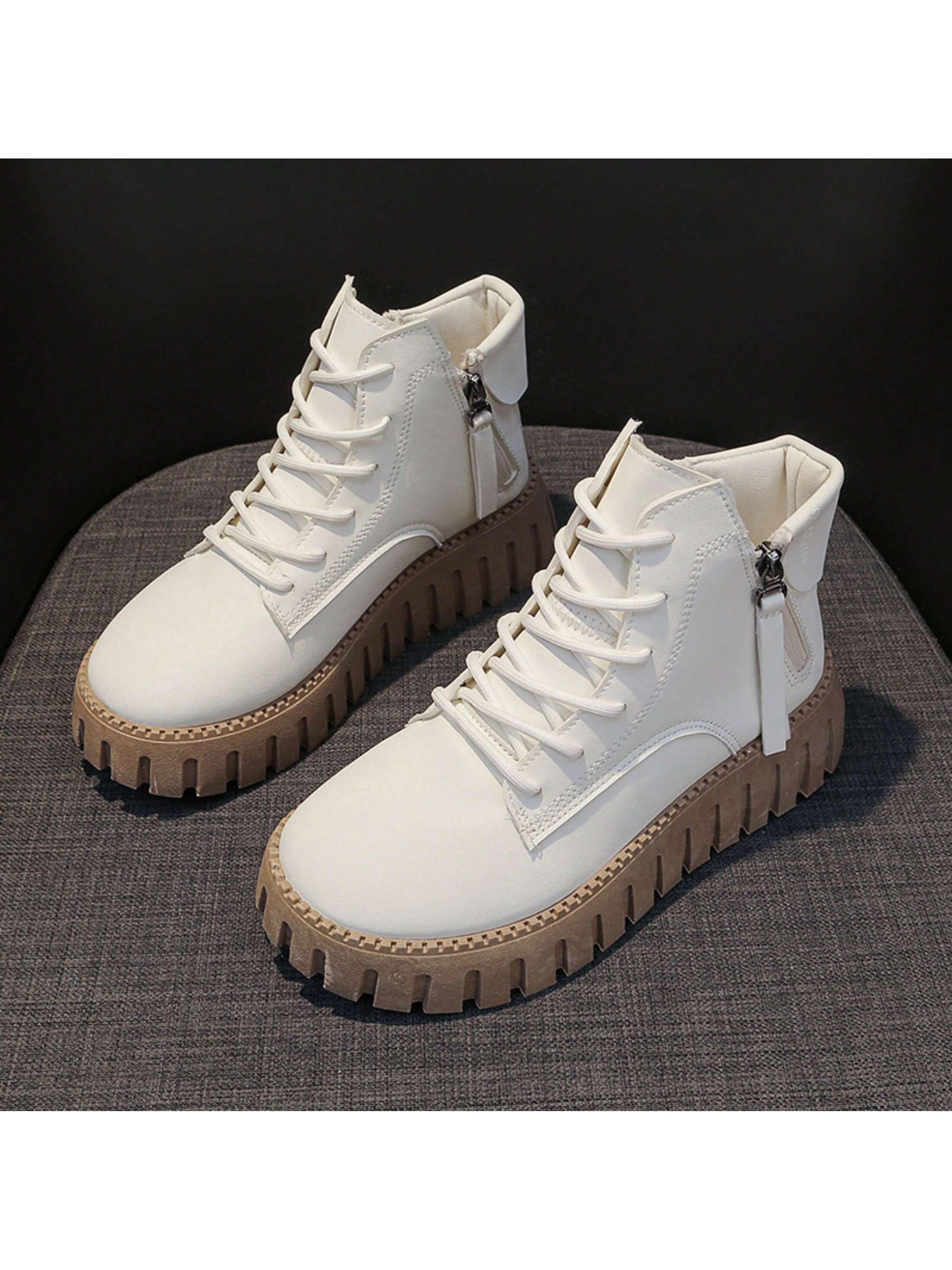 Women's Slope Heel Thick Soled  Boots, Side Zipper, Fashionable Lace Up, White