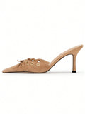 High Heeled Mules For Women Slip On Pointy Bow Heels Suede Dress Kitten Pumps Backless Wedding Shoes