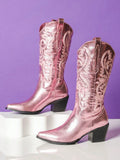 Women's Metallic Mid Calf Cowboy Boots Embroidered Chunky Heel Pull On Vintage Pointed Toe Western Cowgirl Boots