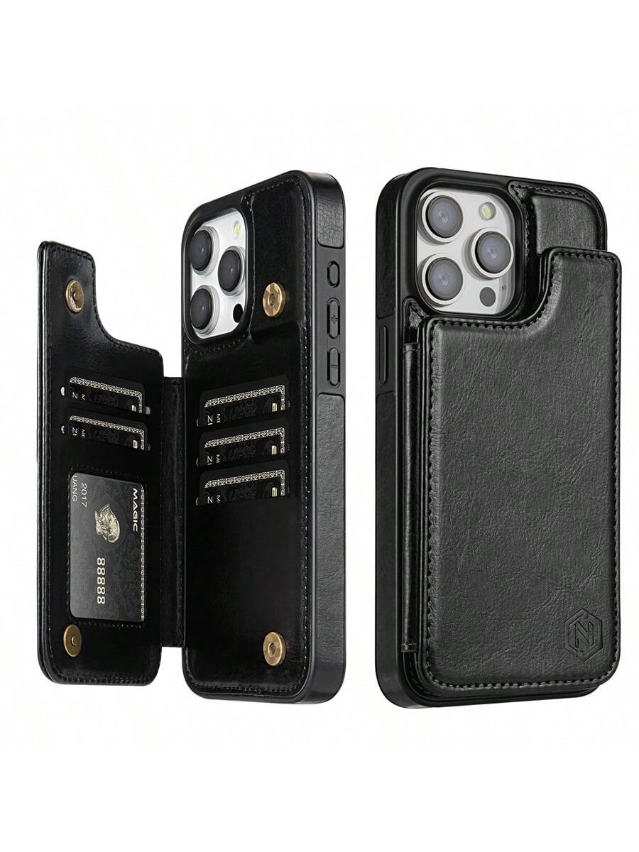A Black Wallet Solid Color Double Buckle RFID Blocking With Card Slot Photo Frame Support Function Magnetism Flip PU Artificial Leather Case Compatible With IPhone 15 Pro Max 14 Plus 13 12 11 XS XR SE 2022 2020 8 7 Samsung Galaxy S24 Ultra S23 S22 Plus S2