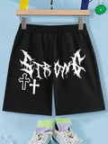Tween Boy Elastic Waist Shorts With Letter And Cross Printed Detail