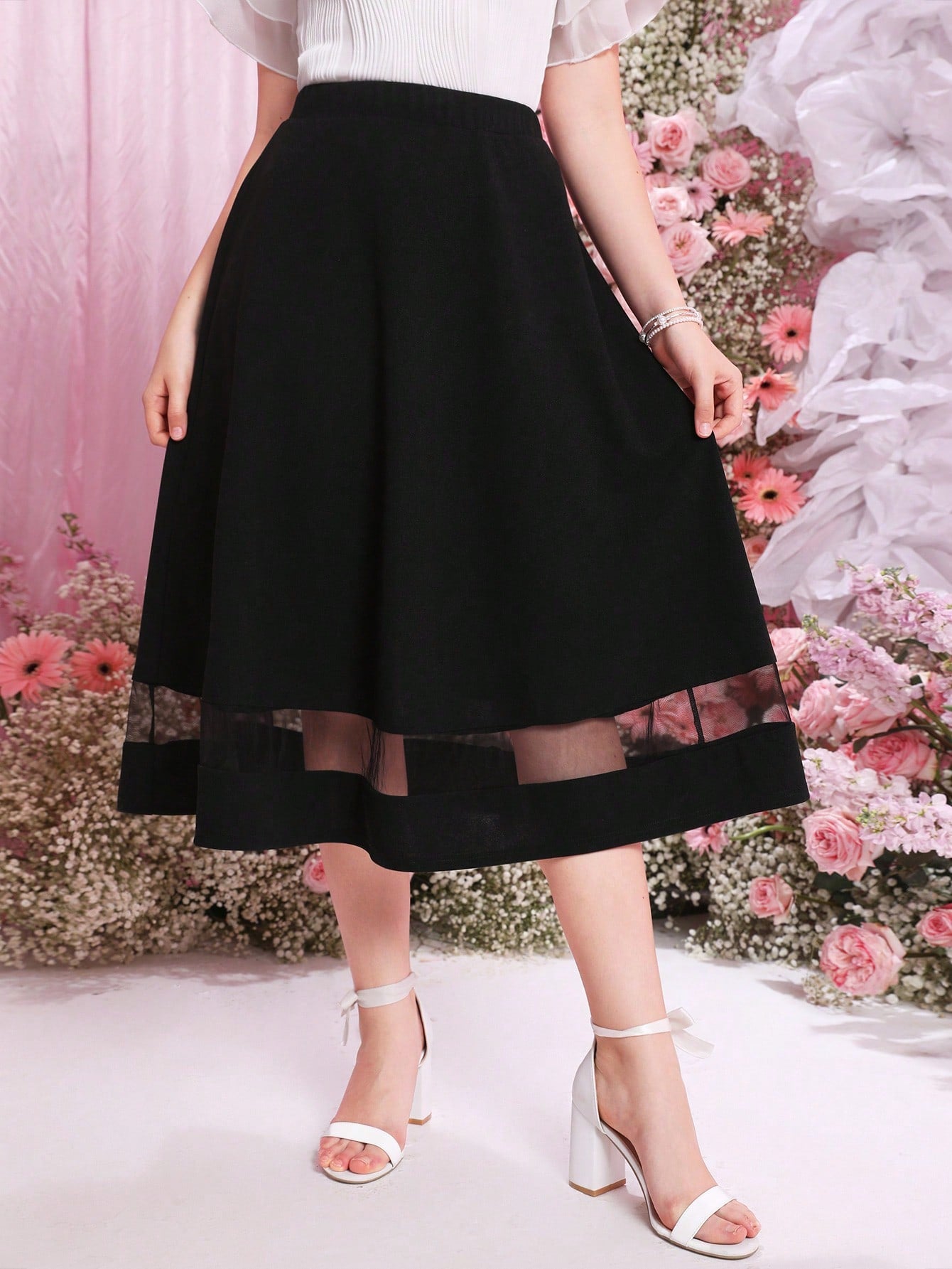 Teenage Girls' Knitted Solid Color Contrast Mesh See-Through Hem Casual Skirt