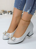 2024 New Spring And Autumn Low-Cut Women's Shoes, Silver High Heeled Pumps With Rhinestone Bowknot, Matte Work Leather Shoes, Plus Size