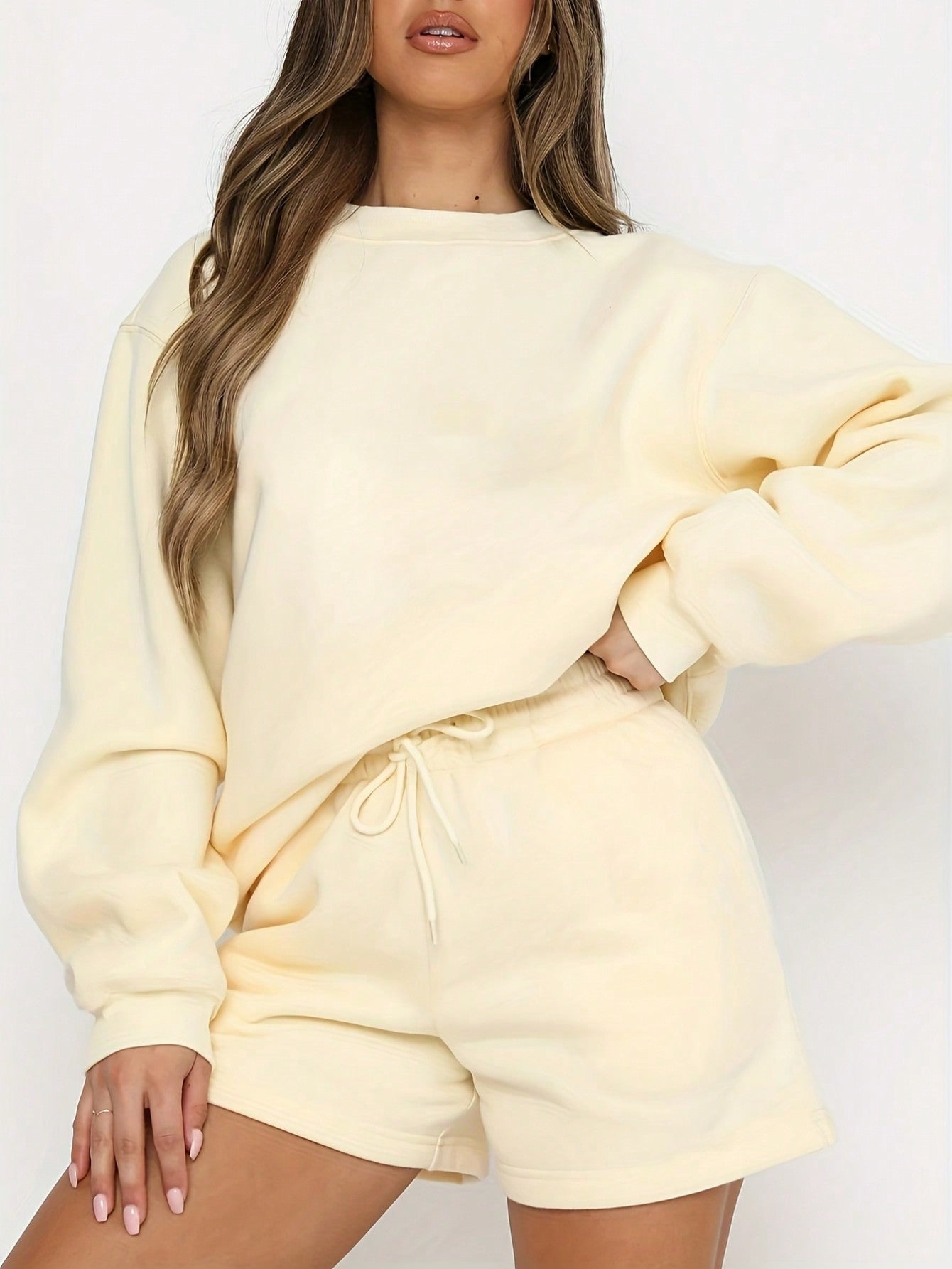 Solid Color Round Neck Drop Shoulder Casual Sweatshirt And Drawstring Waist Shorts