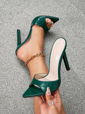 Pointed Toe Solid Color Glossy Patent Leather Stiletto Heel Women's Sandals