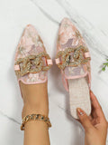 Women's Elegant Flat Pointed Toe Pink Mesh Embroidery Mules (Random Pattern On The Vamp)