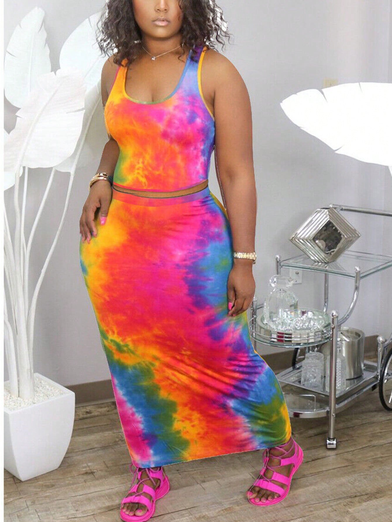 Vacation Tie-Dye Cropped Tank Top & Pencil Skirt Slim Fit Summer Set