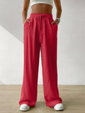 Women's Summer Solid Color Beige High Waist Drawstring Waist Linen Wide Leg Pants