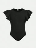 Tween Girl Knitted Solid Color Short Flutter Sleeve Casual Bodysuit