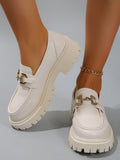 Solid Color Beige Women's Loafers With Metallic Details, Thick Soles And Chunky Heels
