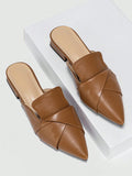 Women's Versatile Block Heel Slip-On Mules, New Pointy Toe Casual Leather Summer Sandals