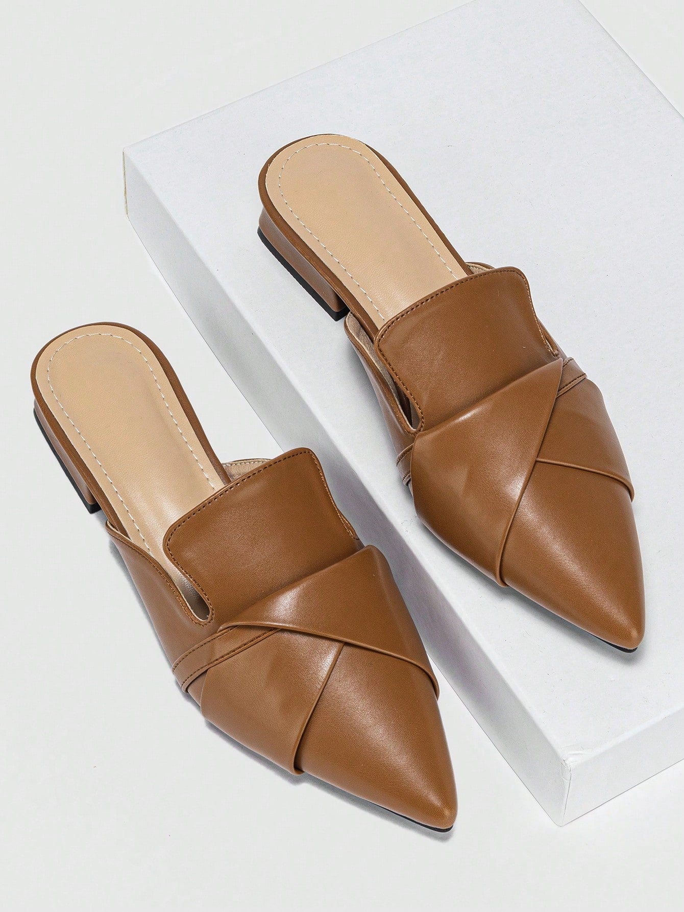 Women's Versatile Block Heel Slip-On Mules, New Pointy Toe Casual Leather Summer Sandals