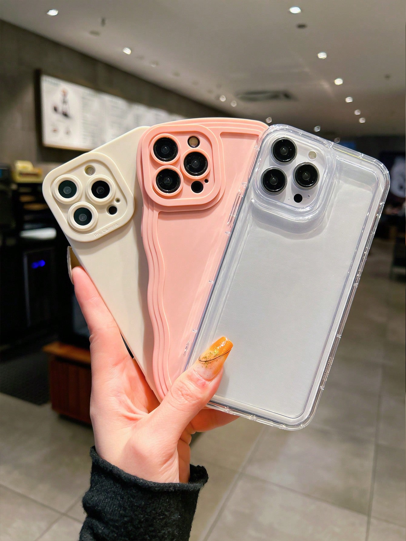 Neon 3pcs/Set Solid Color Black Pupil & Pink Wave Design Airbag Transparent Tpu Protective Case Compatible With IPhone 15, Unisex