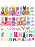 32pcs Doll Clothes And Accessories (10pcs Random Fashion Dresses + 10pcs Random Shoes + 6pcs Necklaces + 6pcs Crowns) For 11-Inch Dolls