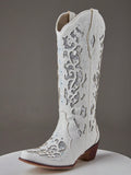 Women's Rhinestone Western Victorian Cowboy Boots Chunky Heel Pull On Pointed Toe Vintage Embroider Cowgirl Shoes