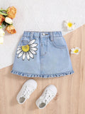 Young Girl Floral Print Ruffle Hem Denim Skirt