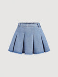 Tween Girls' Y2K Solid Pleated Raw Hem Denim Skirt,Spring And Summer Boho Outfits