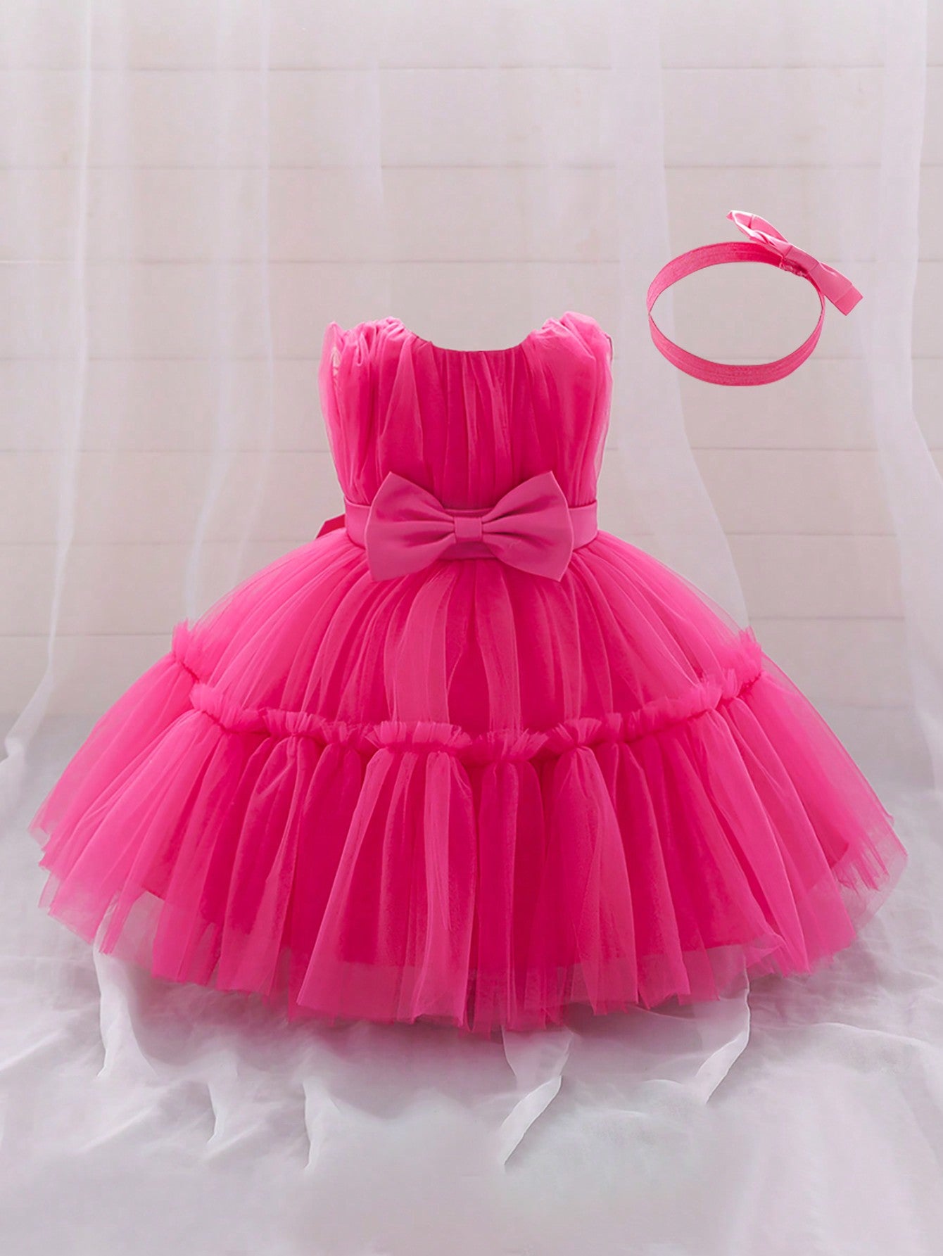 Young Girls' Solid Color Tulle Satin Dress With Waist Bowknot Decorations, Cute & Elegant Formal Dress, Comes With Hair Accessory Gift