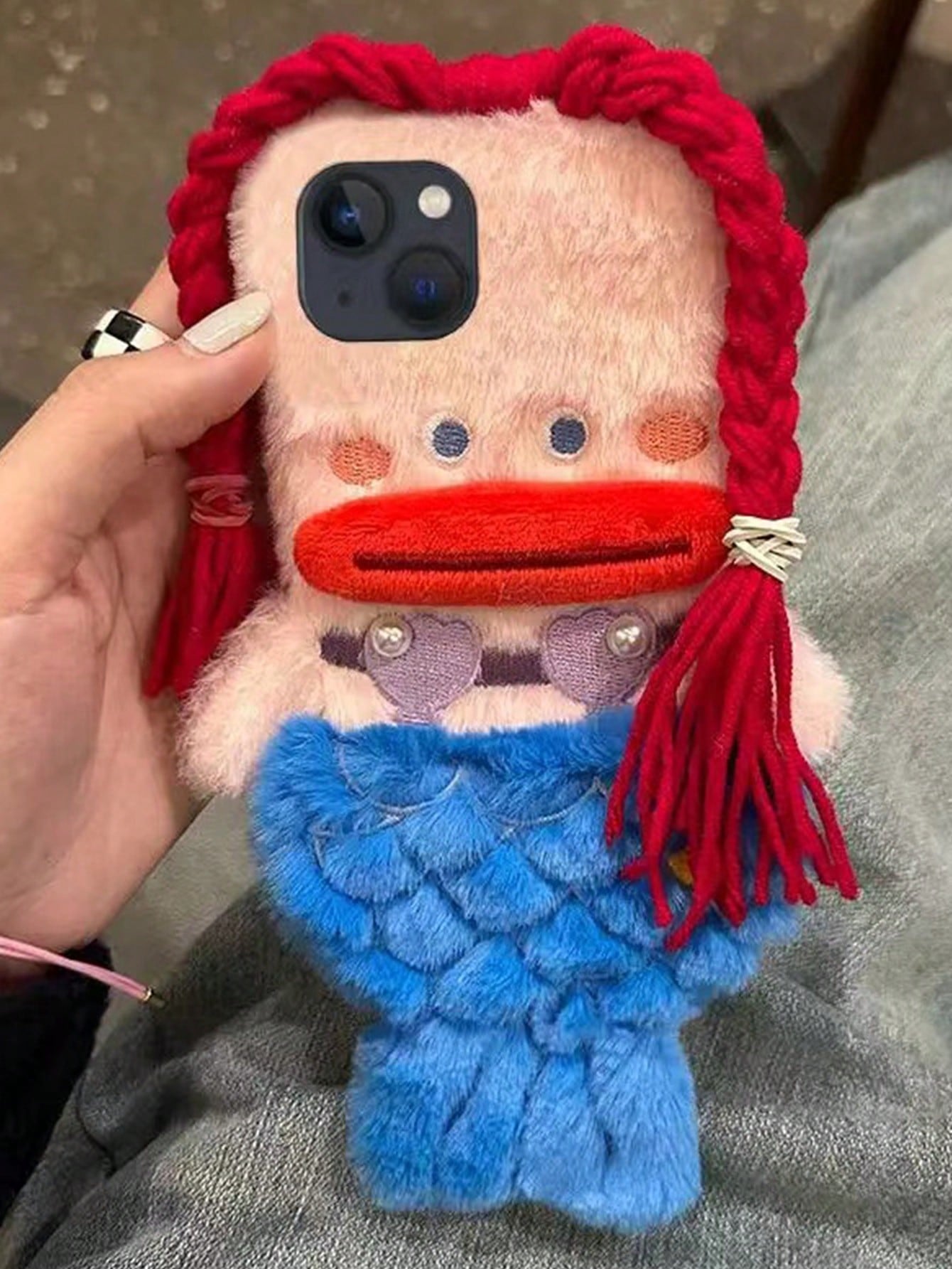 Fashionable 3D Creative Ugly Cute Cartoon Lovely Plush Big Lips Mermaid Anti-Fall Plush Case With Braids For DIY, Compatible With Apple IPhone 11/12/13/14/15 Pro Max