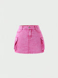 Teen Girls' Vintage Streetwear Cool 3d Multi-Pocket Basic Pink Denim Skirt