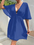 Tassel Decor Batwing Sleeve Drawstring Waist Cover Up