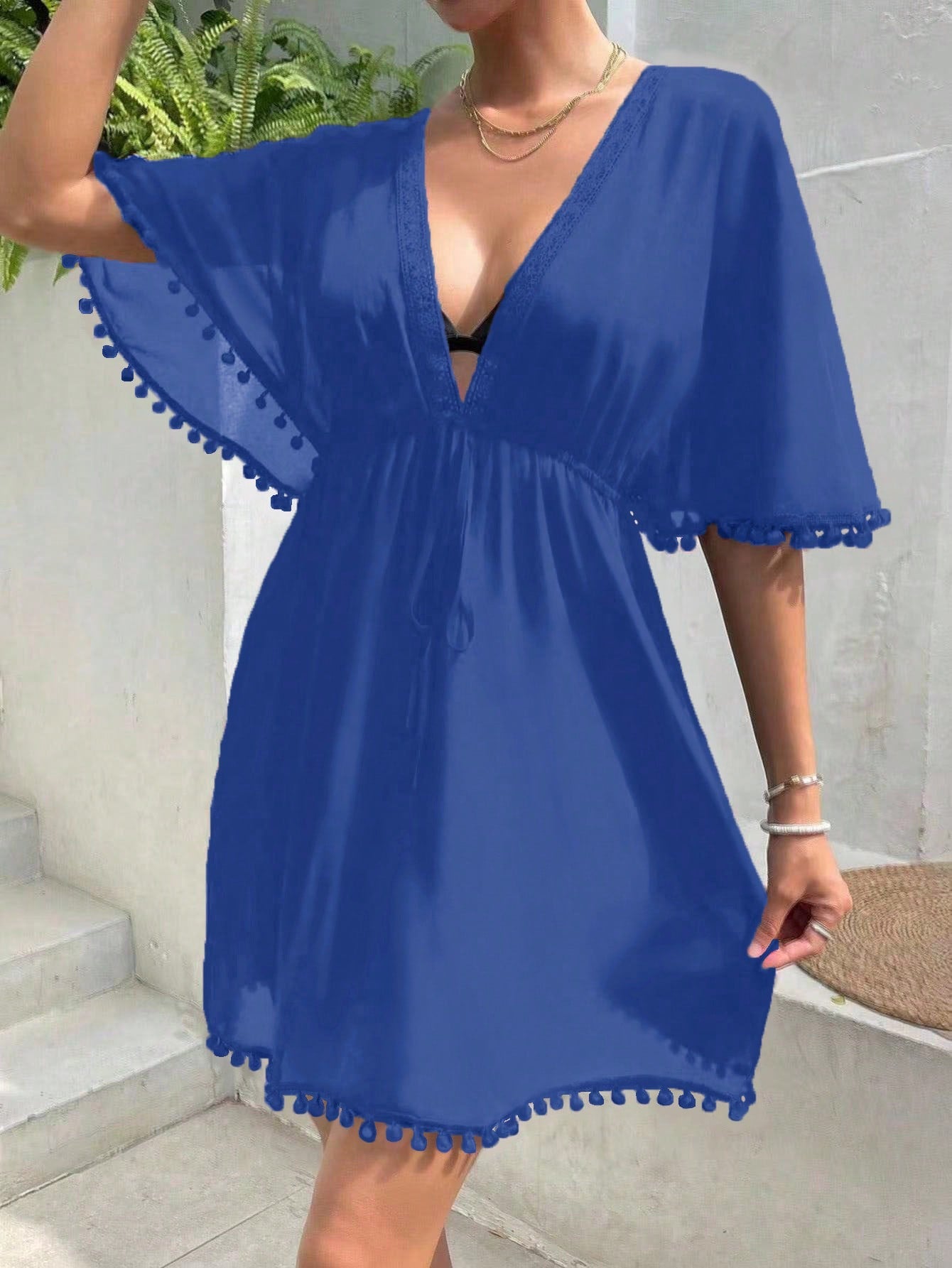Tassel Decor Batwing Sleeve Drawstring Waist Cover Up