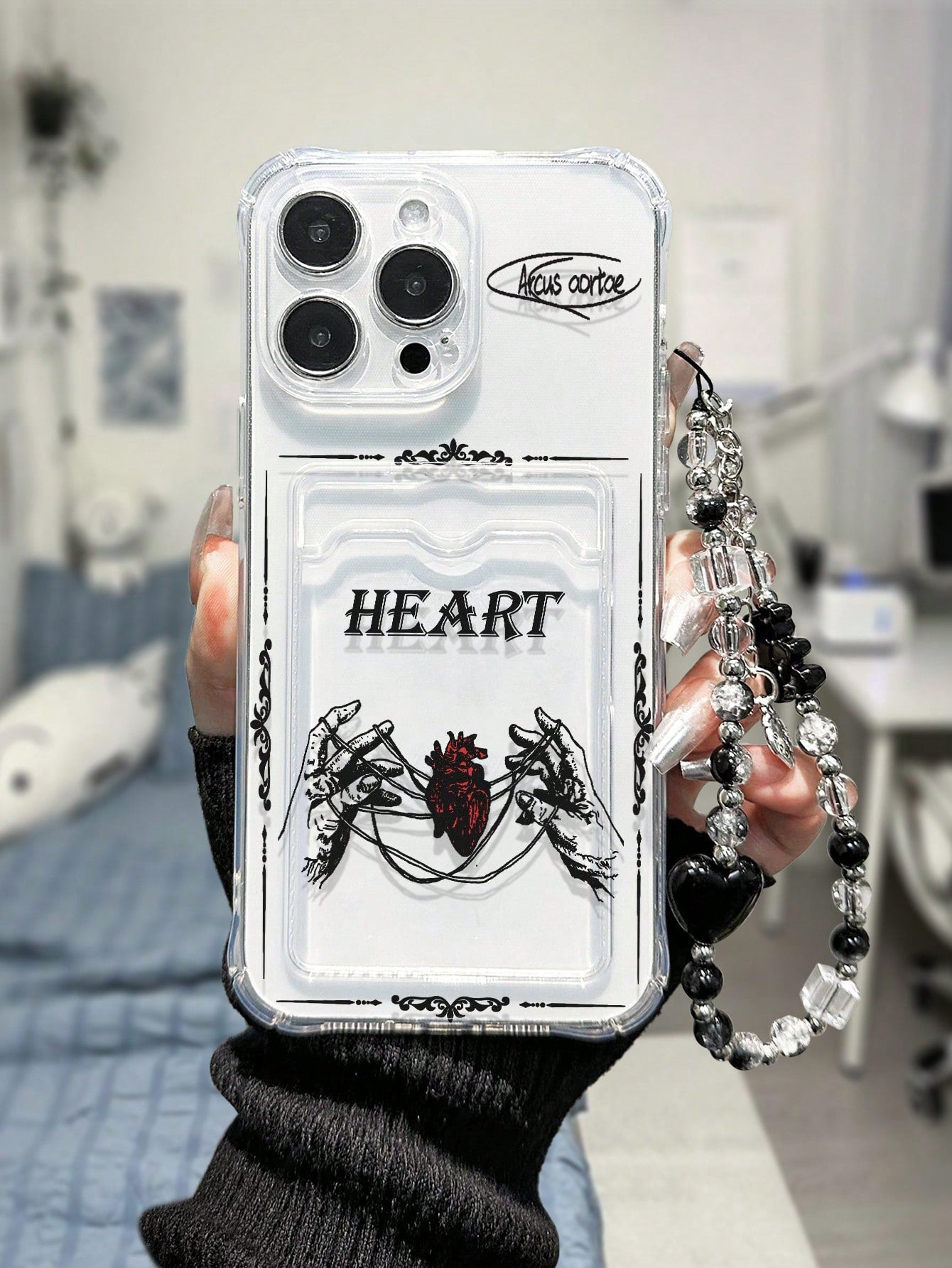 With Phone Charm Card Holder With Heart Shaped Cartoon Painting & Extra Bear Chain, Multi-Functional, 4 Corners Anti-Fall, Transparent Hand Strap Design, Thickened Shockproof Phone Case, Compatible With Iphone
