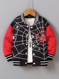 Young Boy Casual Long Sleeve Spider Printed Baseball Jacket