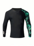 Men's Leaf Printed Rash Guard With Raglan Sleeves, Ideal For Swimming And Surfing
