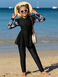 Tween Girls' Tropical Printed Peplum Hem Long Sleeve Top And Pants Tankini Set