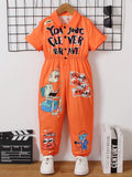 Young Boy Cartoon Slogan Printed Jumpsuit