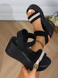 Women's Minimalist Elastic Wedge Heel Thick Sole Sandals, Holiday Outdoor Black & White Peep Toe High Heels For Summer