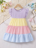 Young Girls' Striped Color Block Ruffle Trimmed Dress With Decorative Bow
