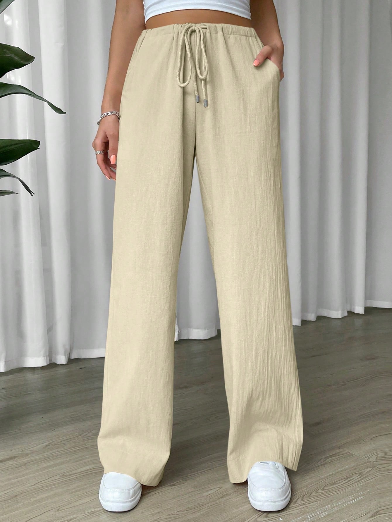 Linen Drawstring Waist Slant Pocket Wide Leg Pants