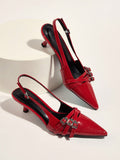 Wedding Party Sexy And Elegant Red Patent Leather Pointed Toe High Heels With Thin Heels And Gold Metal Buckle Strap