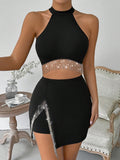 Sequin & Tassel Decor Short Crop Top With Asymmetrical Hem And Bodycon Skirt Set
