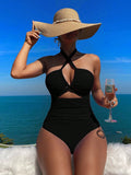 Swim Vcay Summer Beach Solid Color Halter Neck Knotted Cutout One-Piece Swimsuit