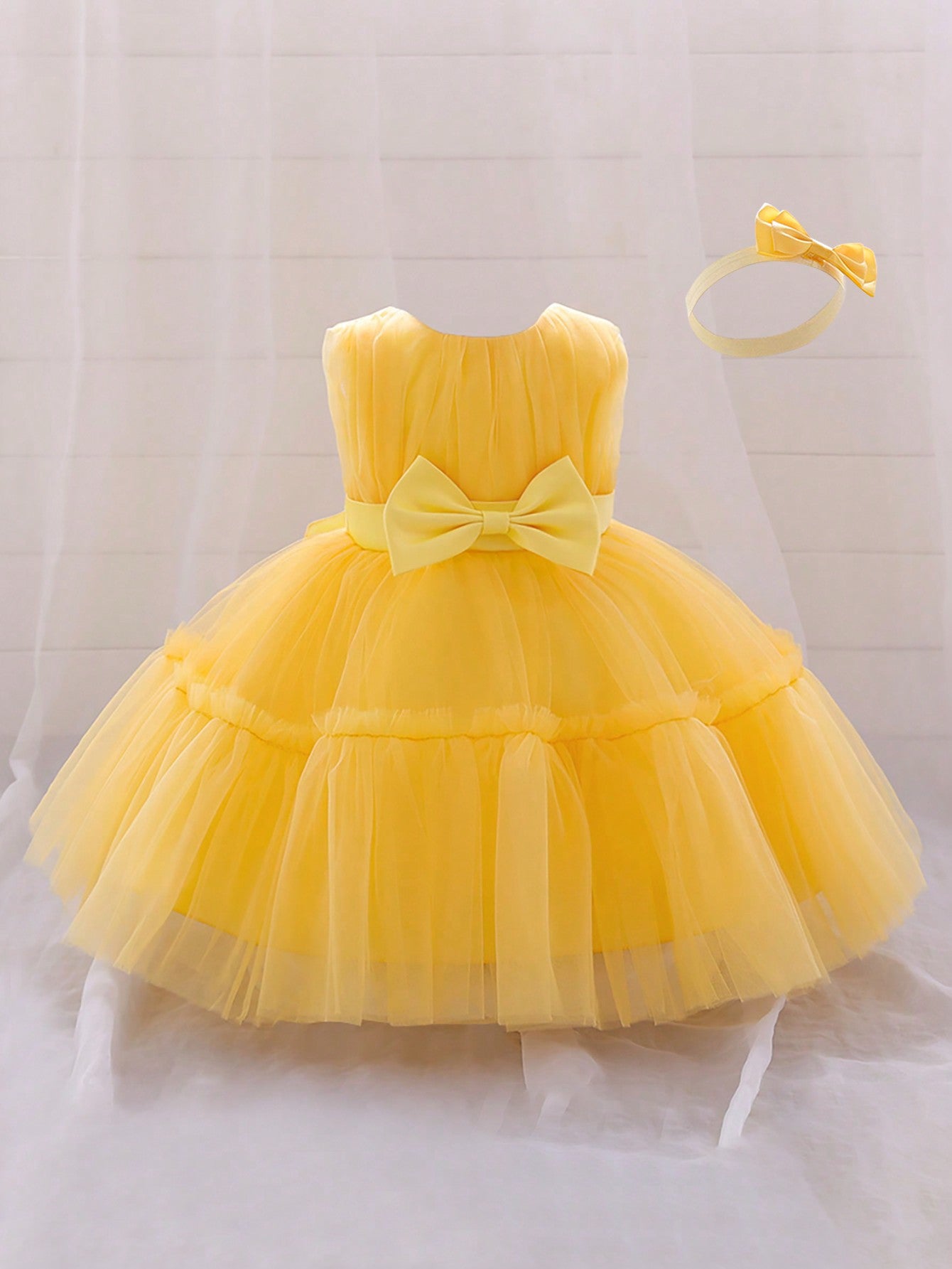 Young Girls' Solid Color Tulle Satin Dress With Waist Bowknot Decorations, Cute & Elegant Formal Dress, Comes With Hair Accessory Gift