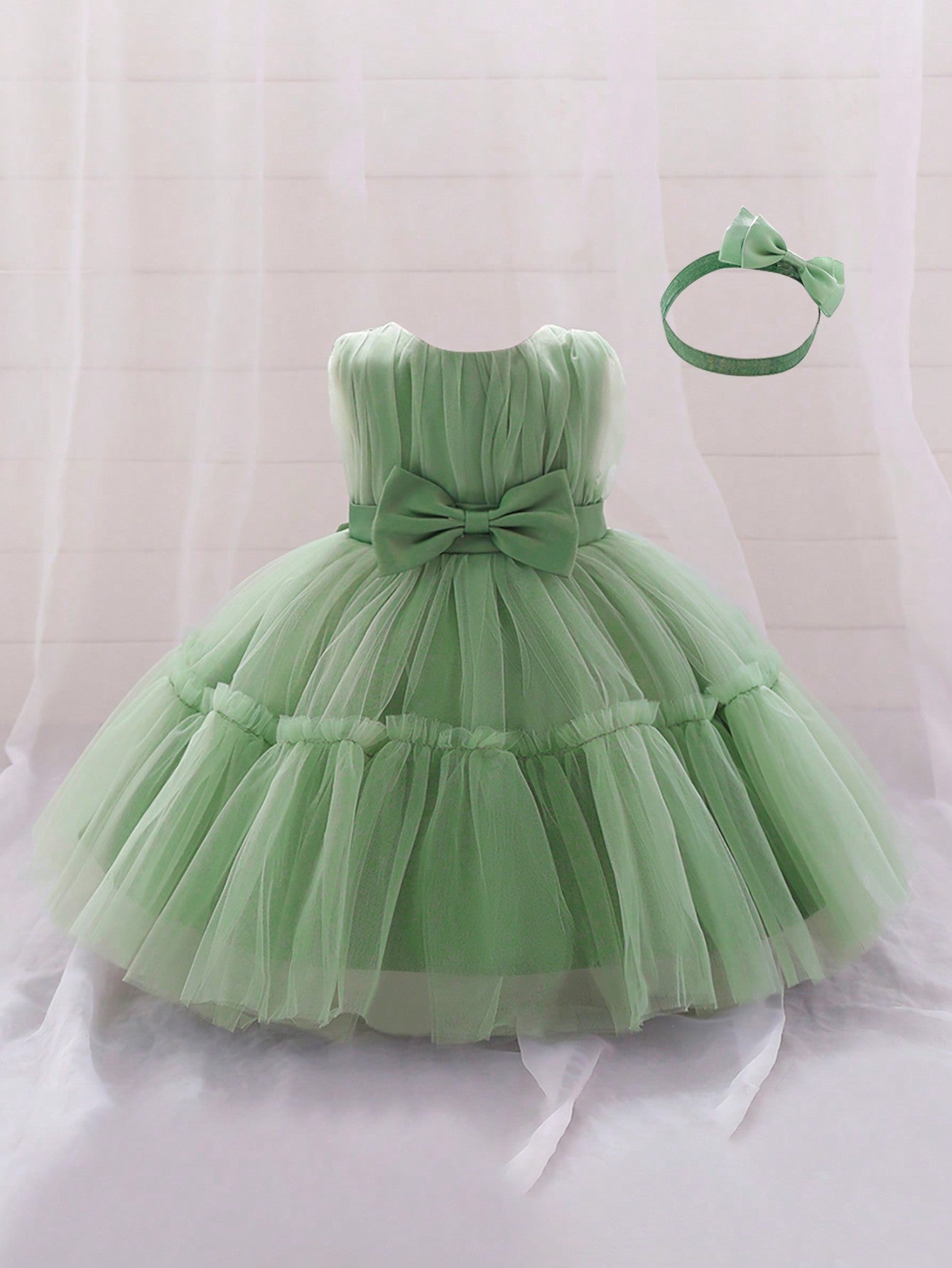 Young Girls' Solid Color Tulle Satin Dress With Waist Bowknot Decorations, Cute & Elegant Formal Dress, Comes With Hair Accessory Gift