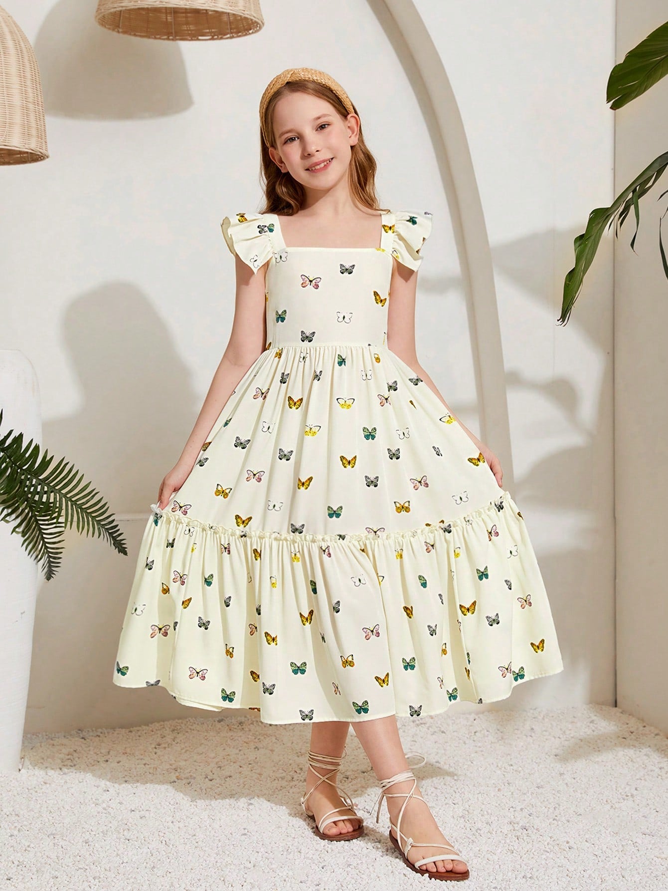 Tween Girls' Butterfly Print Ruffle Trim Square Neck Bodycon Casual Vacation Dress