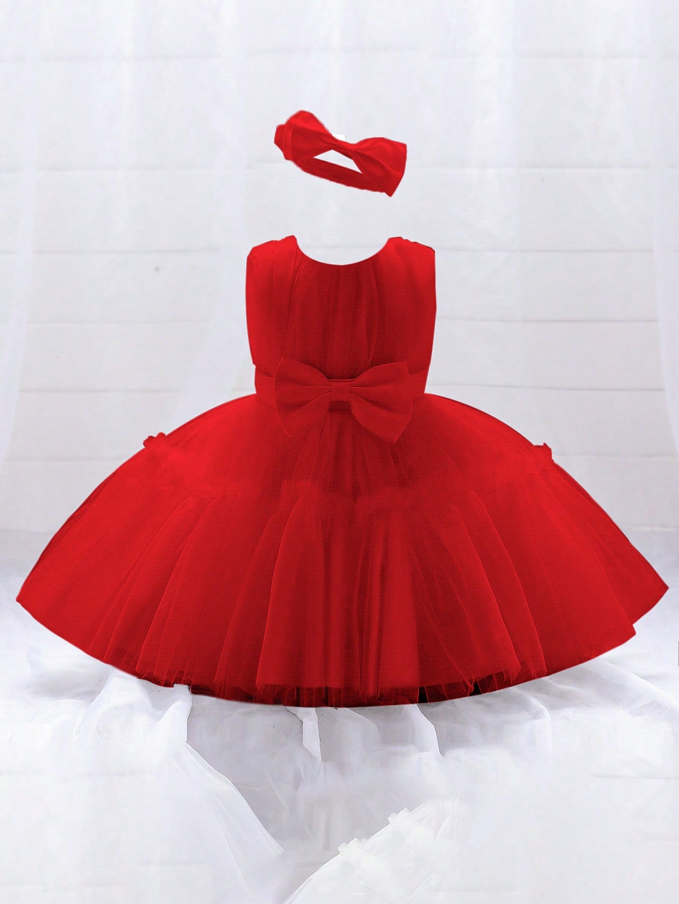 Young Girls' Solid Color Tulle Satin Dress With Waist Bowknot Decorations, Cute & Elegant Formal Dress, Comes With Hair Accessory Gift